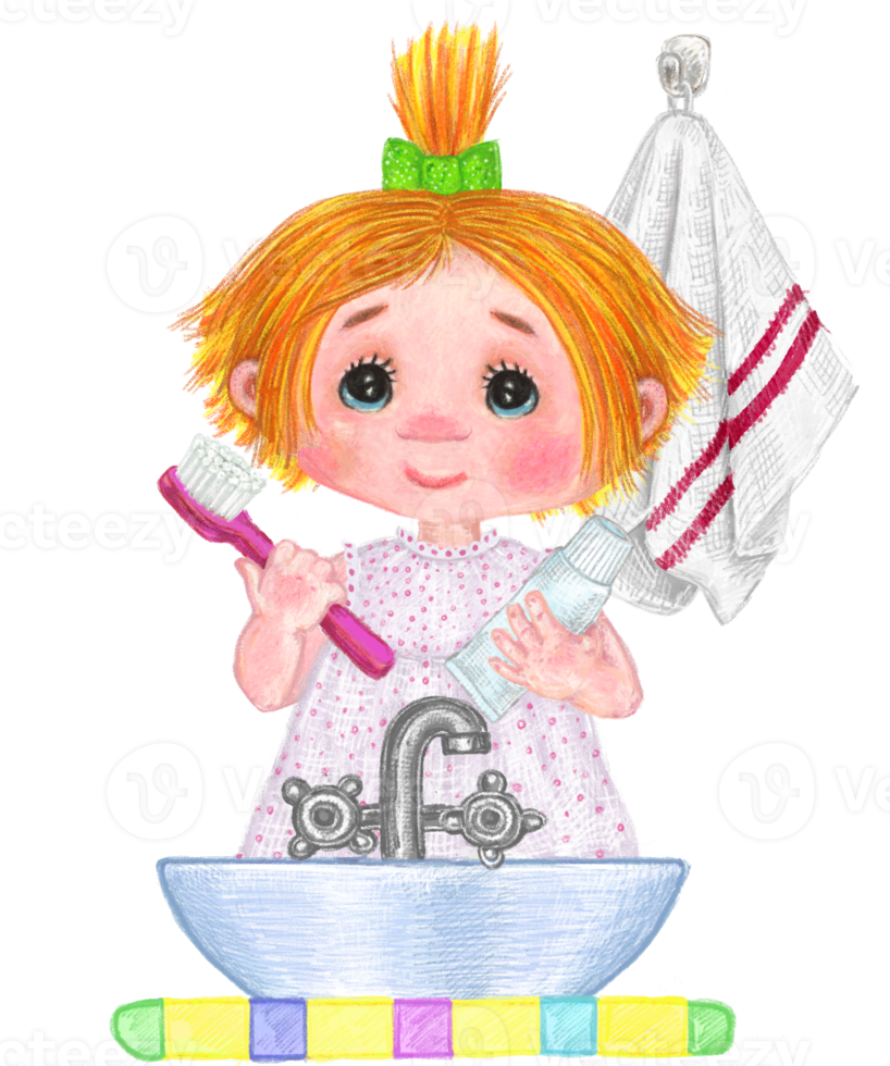 A little girl is standing in front of the washbasin, washing herself, holding a toothbrush and toothpaste in her hands. There is a towel behind her. png