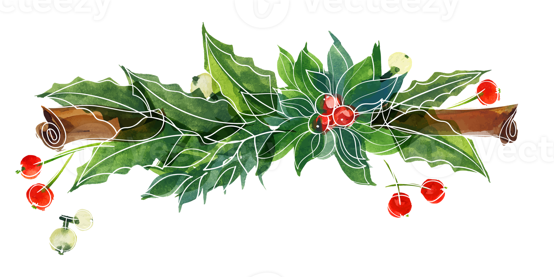 Christmas floral vignette with holly and cinnamon png