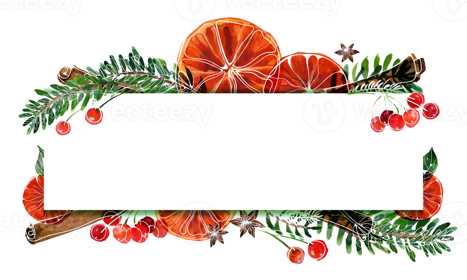 Christmas text space frame with watercolor fir-tree and oranges png