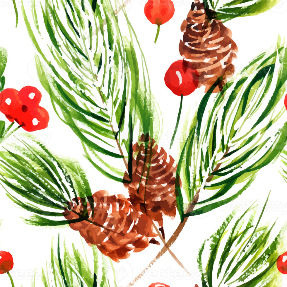Pine branches and cones and winter red berries. Christmas floral watercolor seamless pattern png