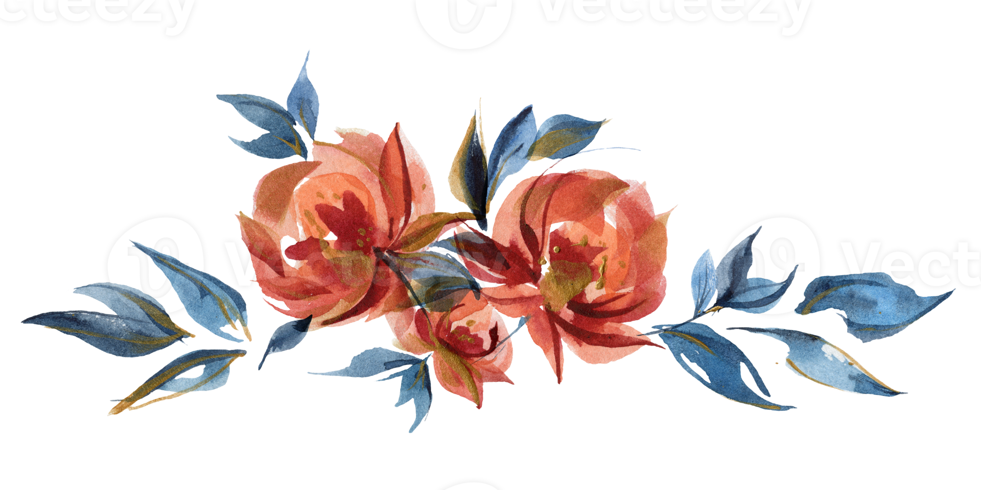 Blue and orange roses floral garland vignette in folk cottege trend