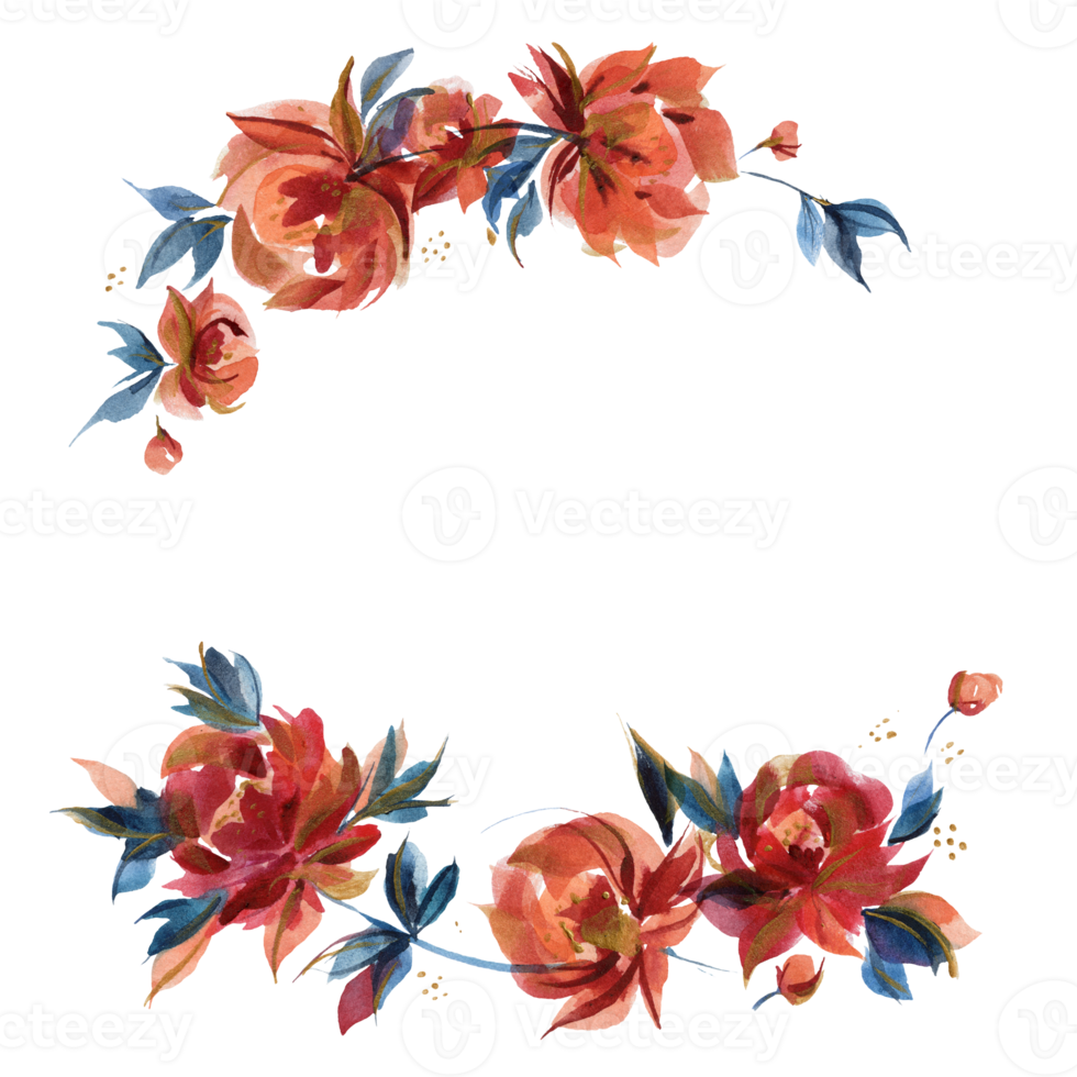 Blue and orange roses wreath in cottege folk trend png