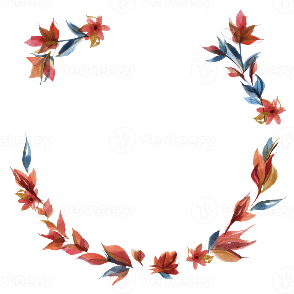 Blue and orange roses wreath in cottege folk trend png