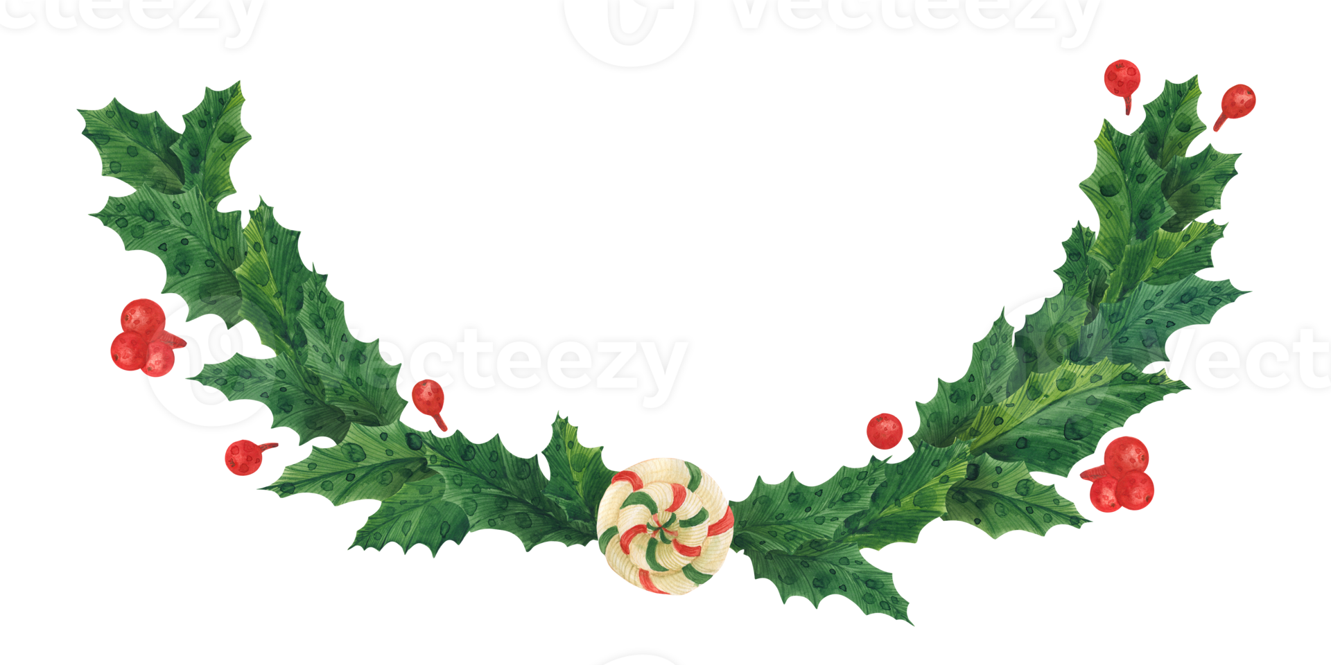 Christmas holly garland with lollipop, watercolor illustration png