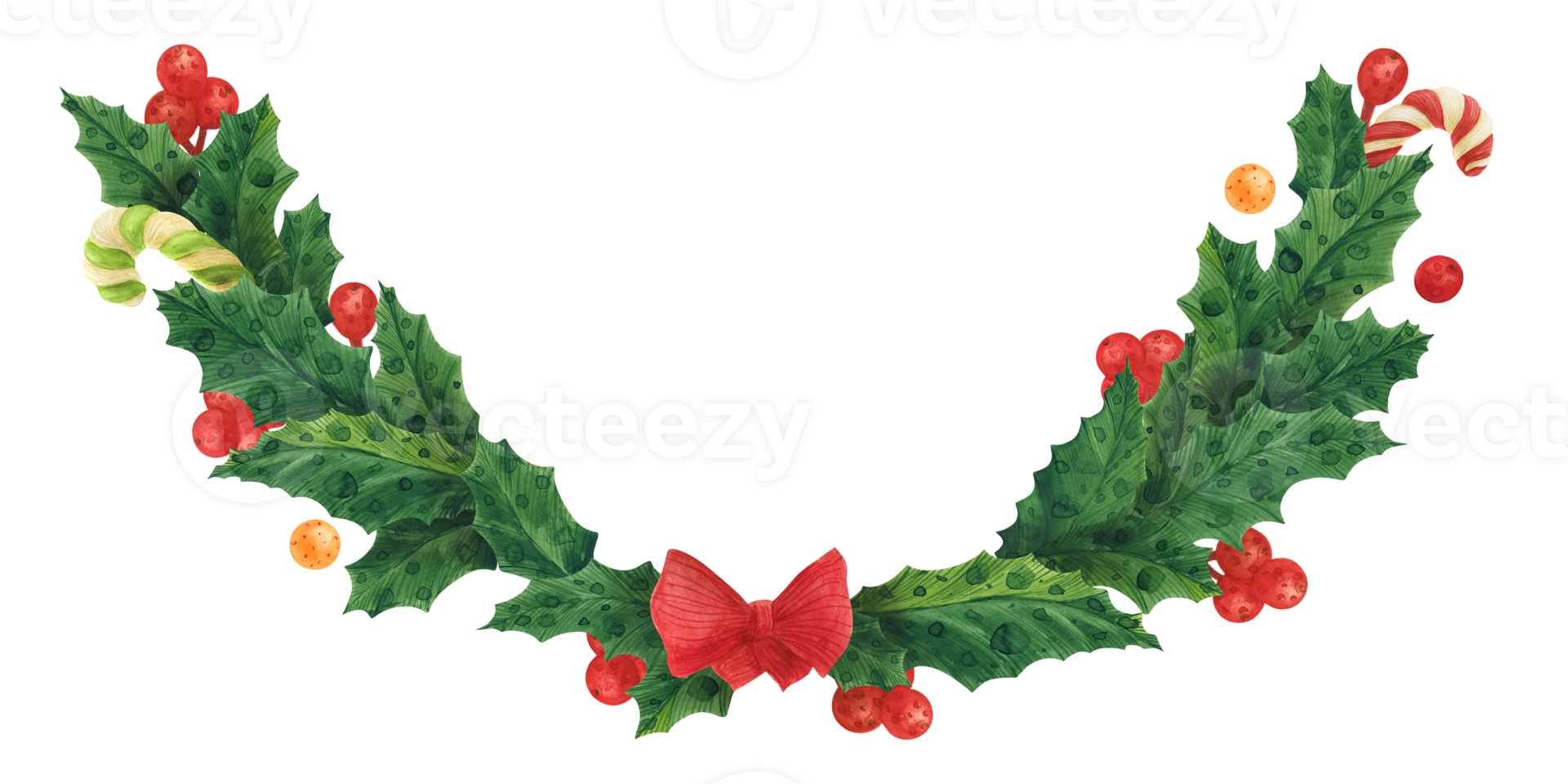 Christmas holly garland with red bow-knot, watercolor illustration png