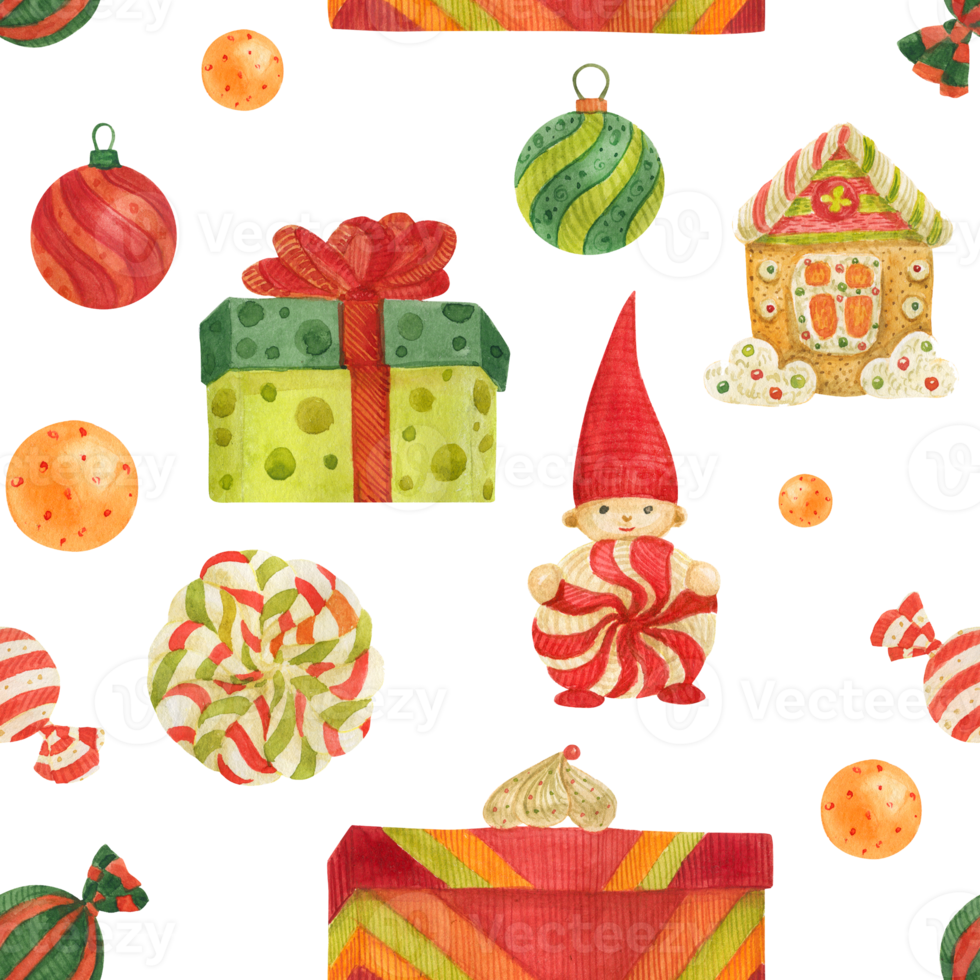 Christmas seamless watercolor pattern with gingerbread and lollipops and gifts on a white png