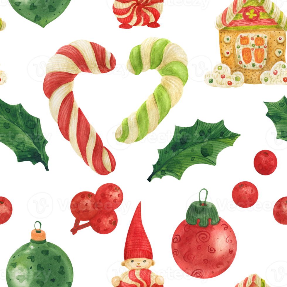 Christmas Elves Factory pattern with candy canes, holly and glass baubles png