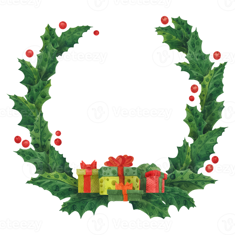 Christmas holly wreath with gift boxes and candy canes, watercolor illustration png