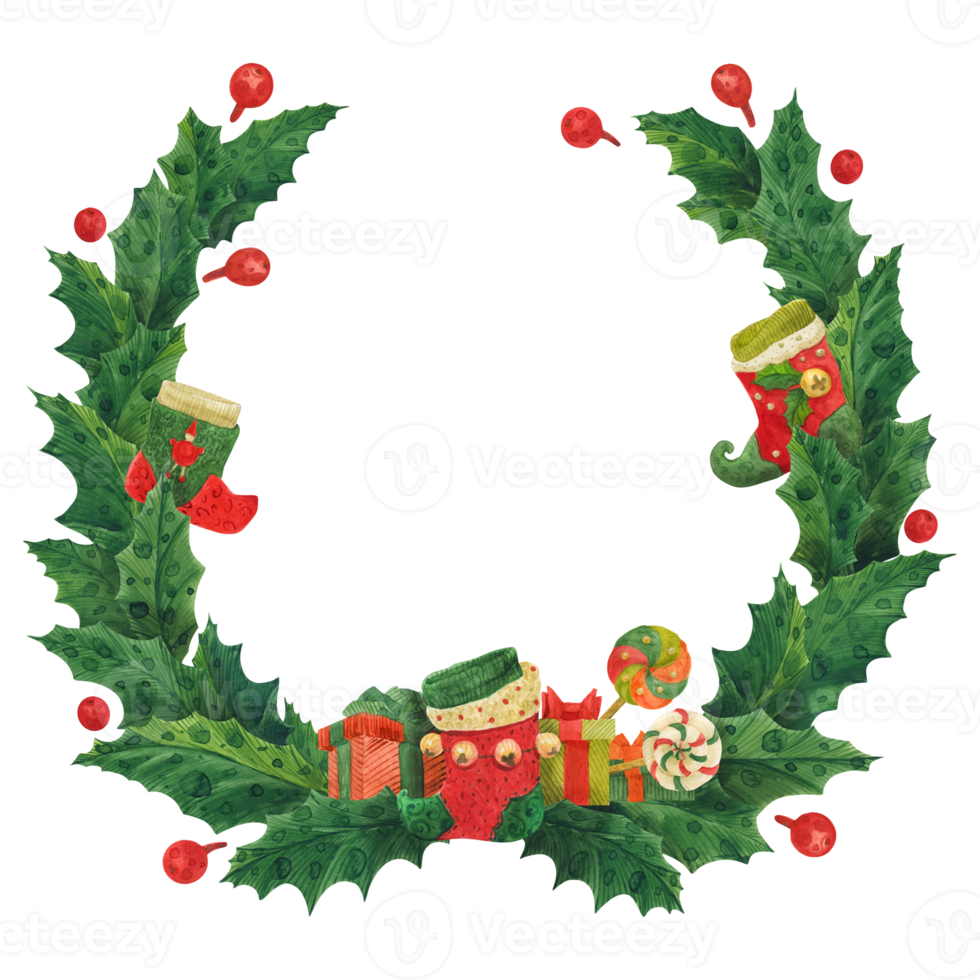 Christmas holly wreath with stocking and gift boxes, watercolor illustration png