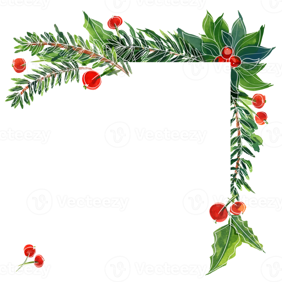 Christmas watercolor frame with holly and ale png