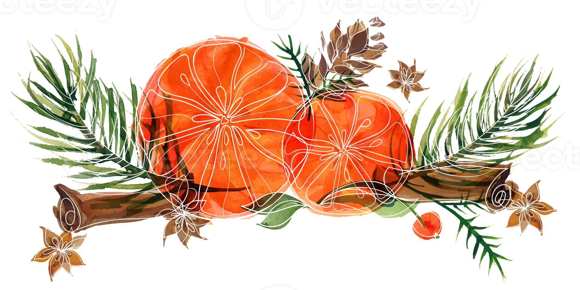 Christmas floral vignette with ale branches and oranges and spices png