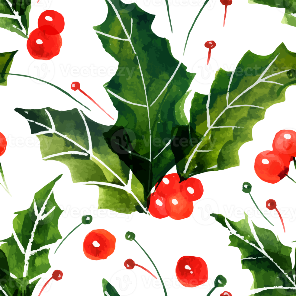 Christmas Holly watercolor seamless pattern. Green leaves and winter red berries png