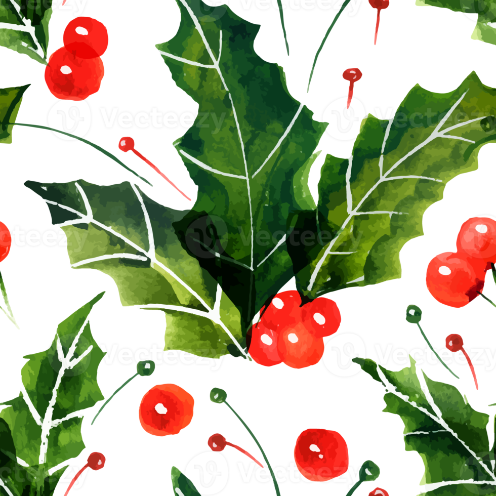 Natale agrifoglio acquerello senza soluzione di continuità modello. verde le foglie e inverno rosso frutti di bosco png