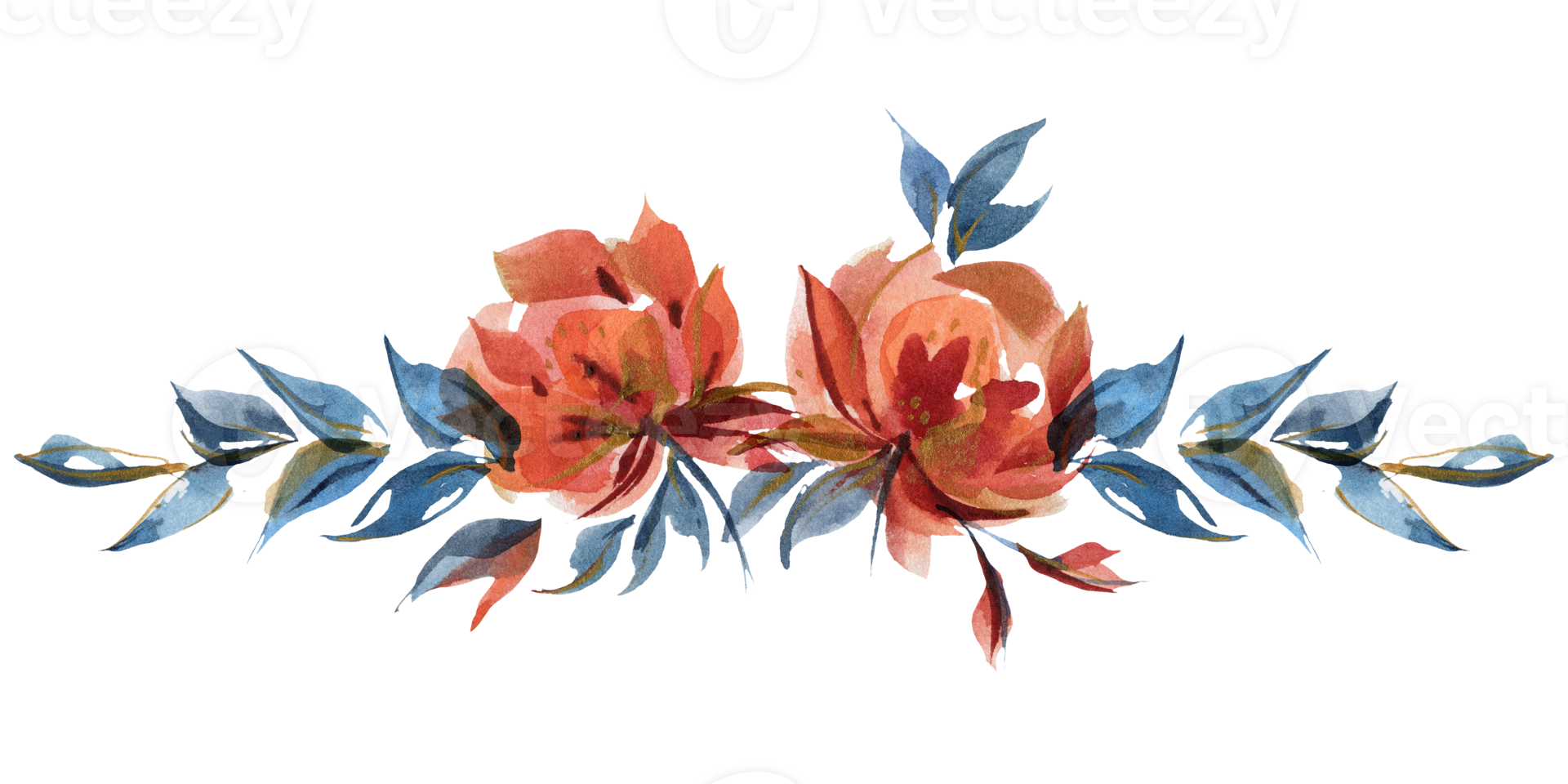 Blue and orange roses floral garland vignette in folk cottege trend png