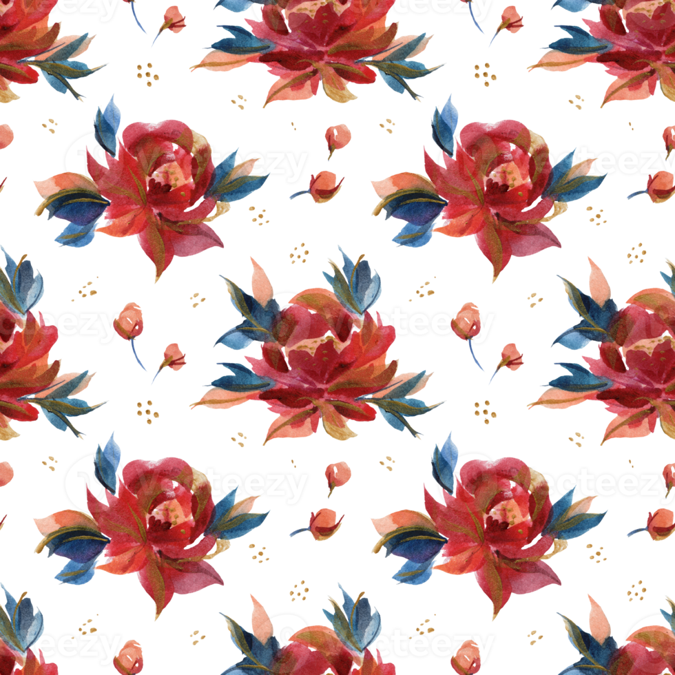 Watercolor seamles pattern of traditional folk rose flowers png