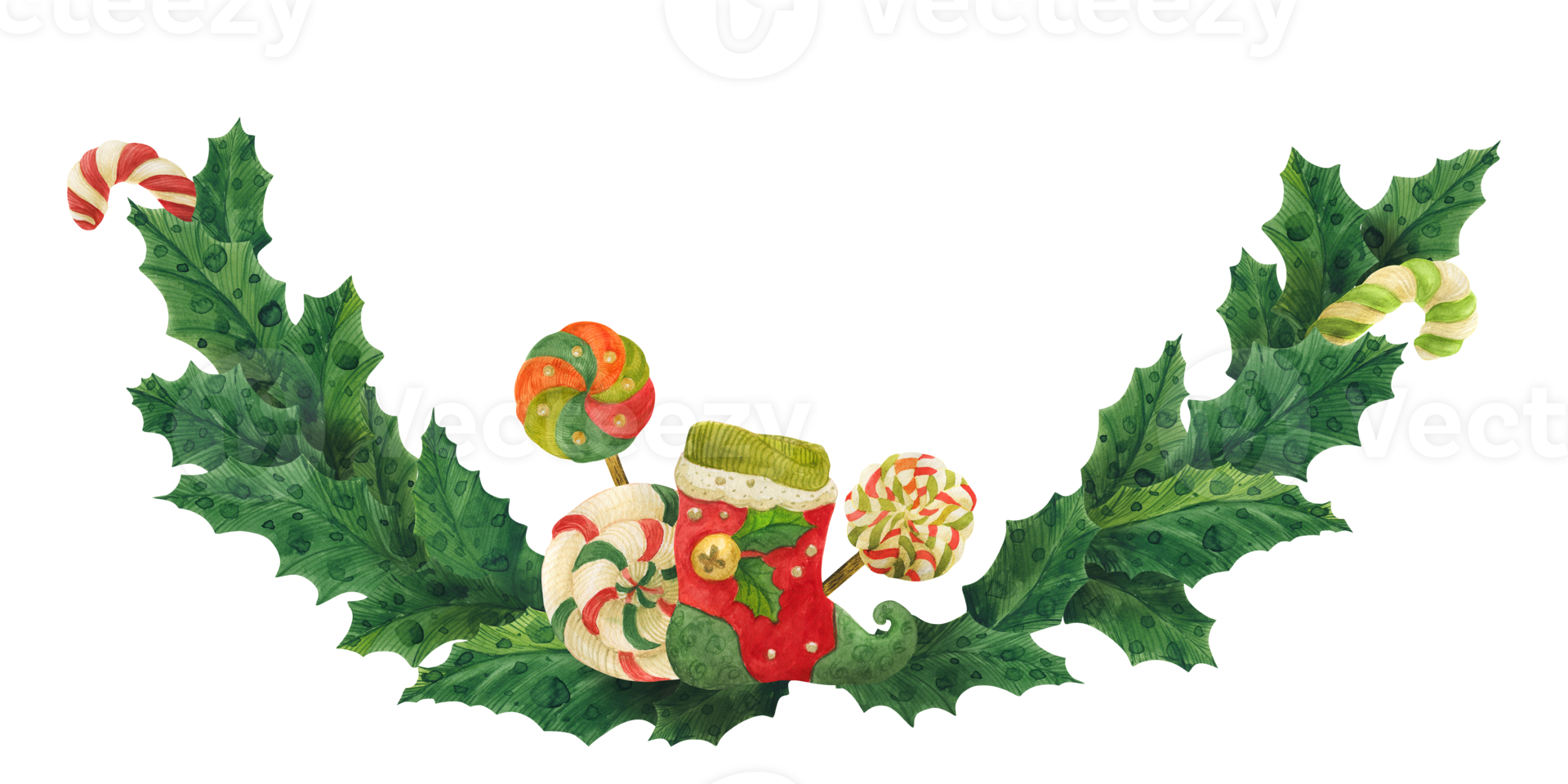 Christmas holly garland with stocking and lollipops, watercolor illustration png