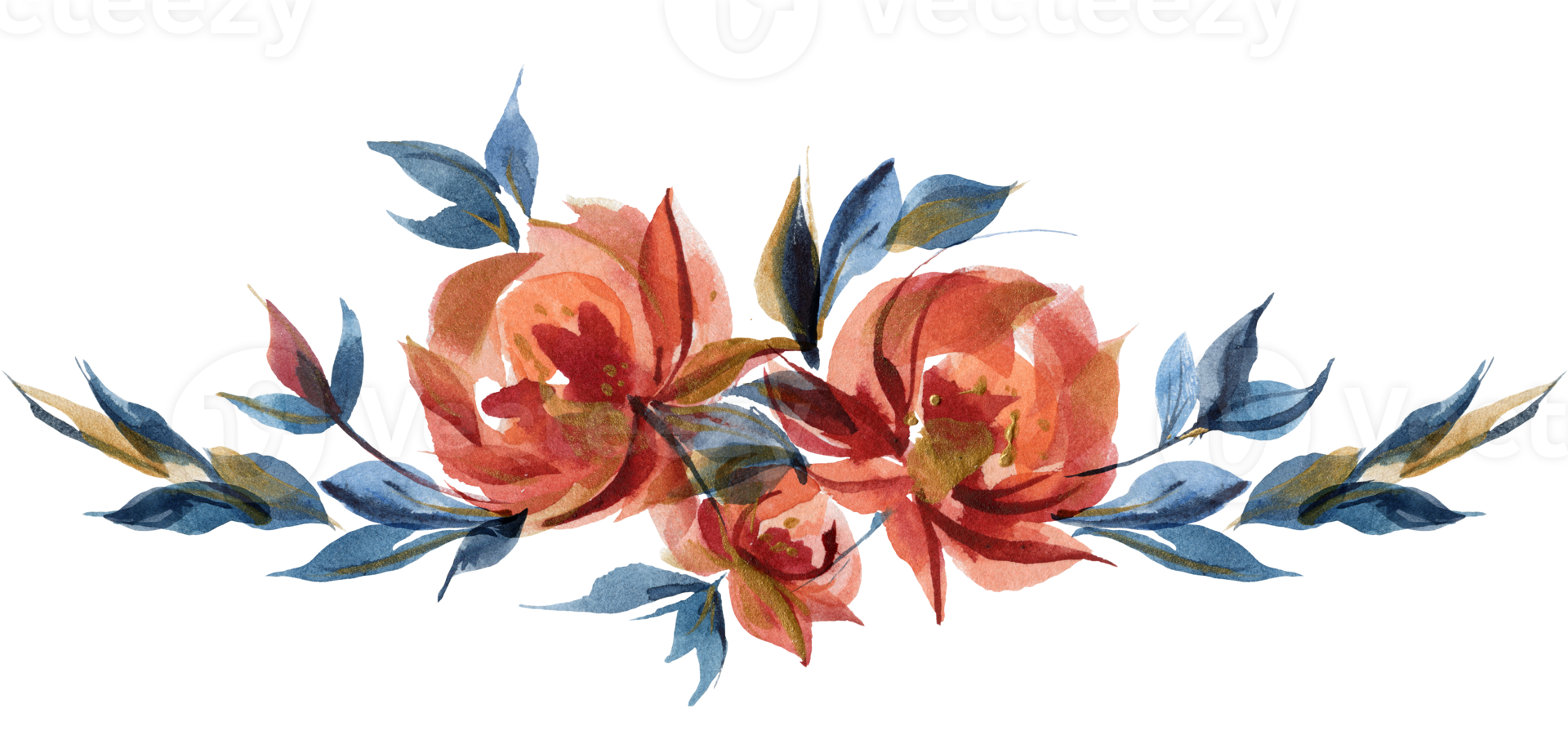 Blue and orange roses floral garland vignette in folk cottege trend png