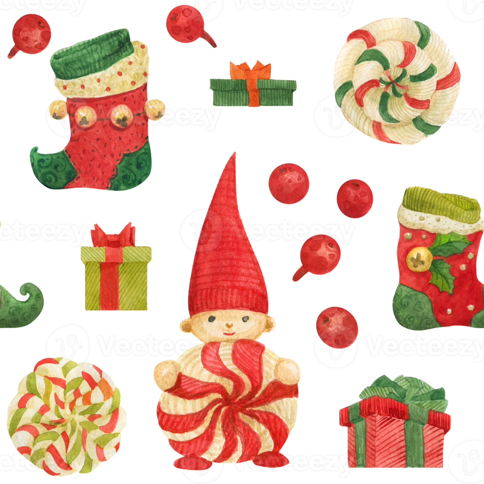 Christmas seamless watercolor pattern with stockings and lollipops and gifts on a white png