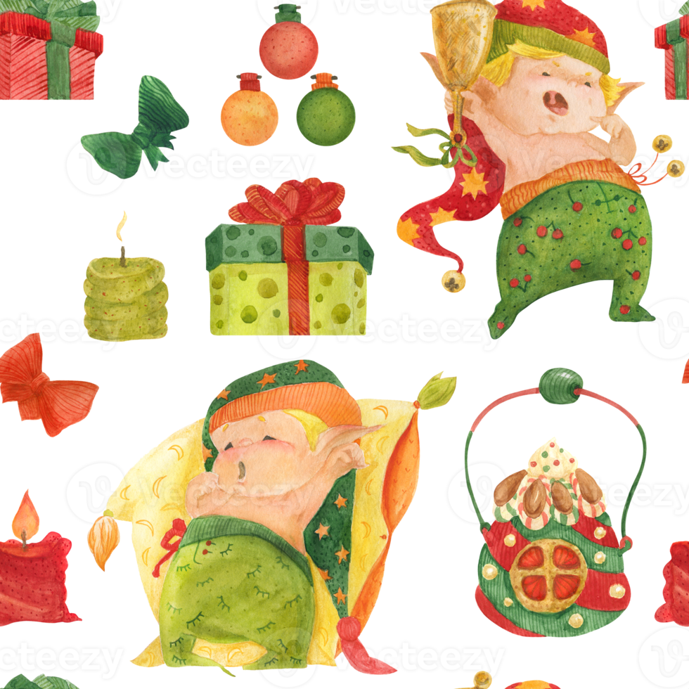 Christmas pattern for good night, baby elves and candles ans gift boxes png