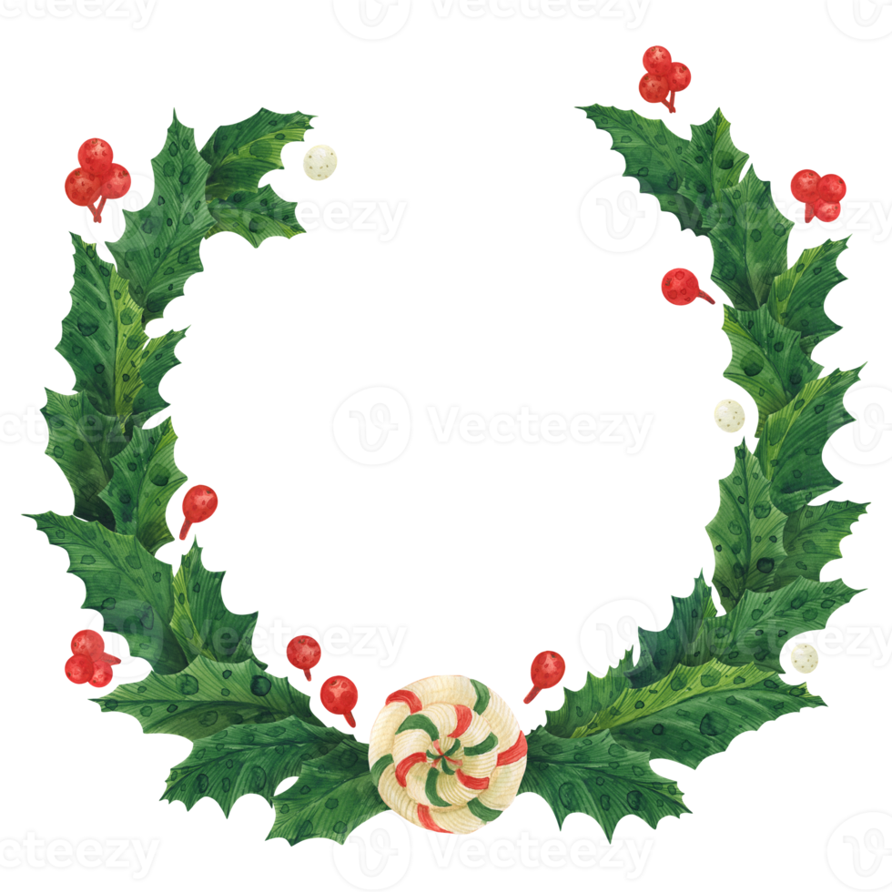 Christmas holly wreath with lollipop, watercolor illustration png