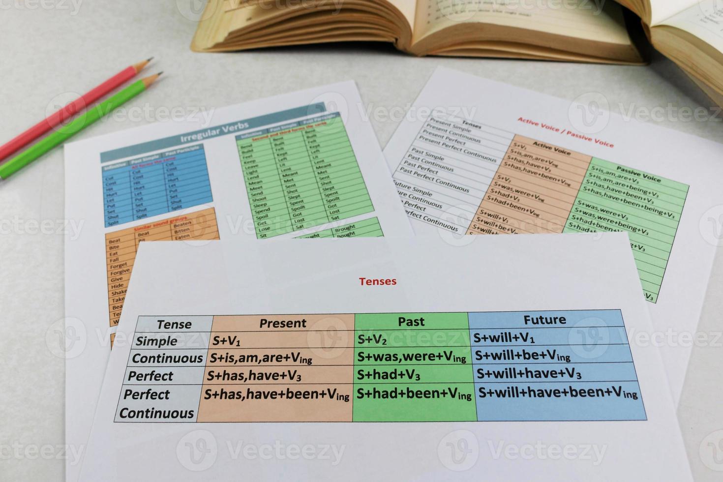 colorful English grammar sheets on white table photo