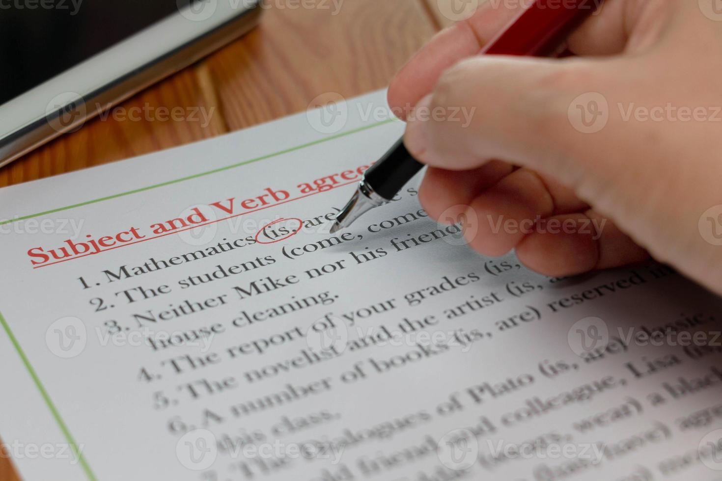 Subject and Verb Agreement worksheet on wooden table photo