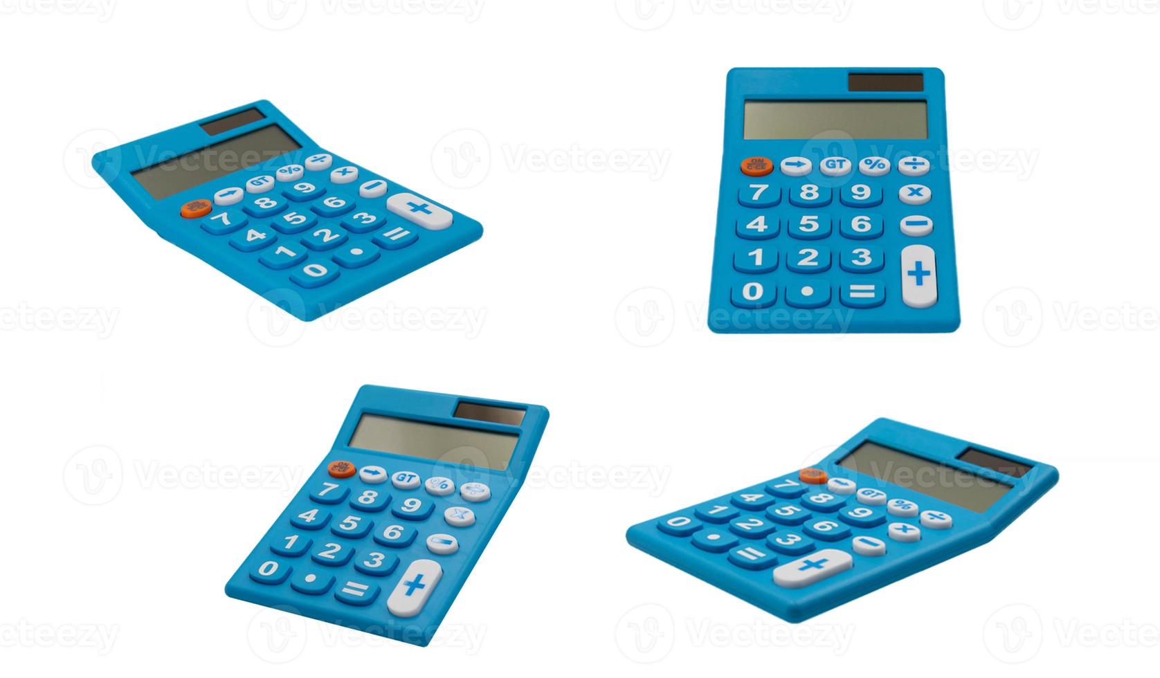 isolated group of brand new blue calculators photo