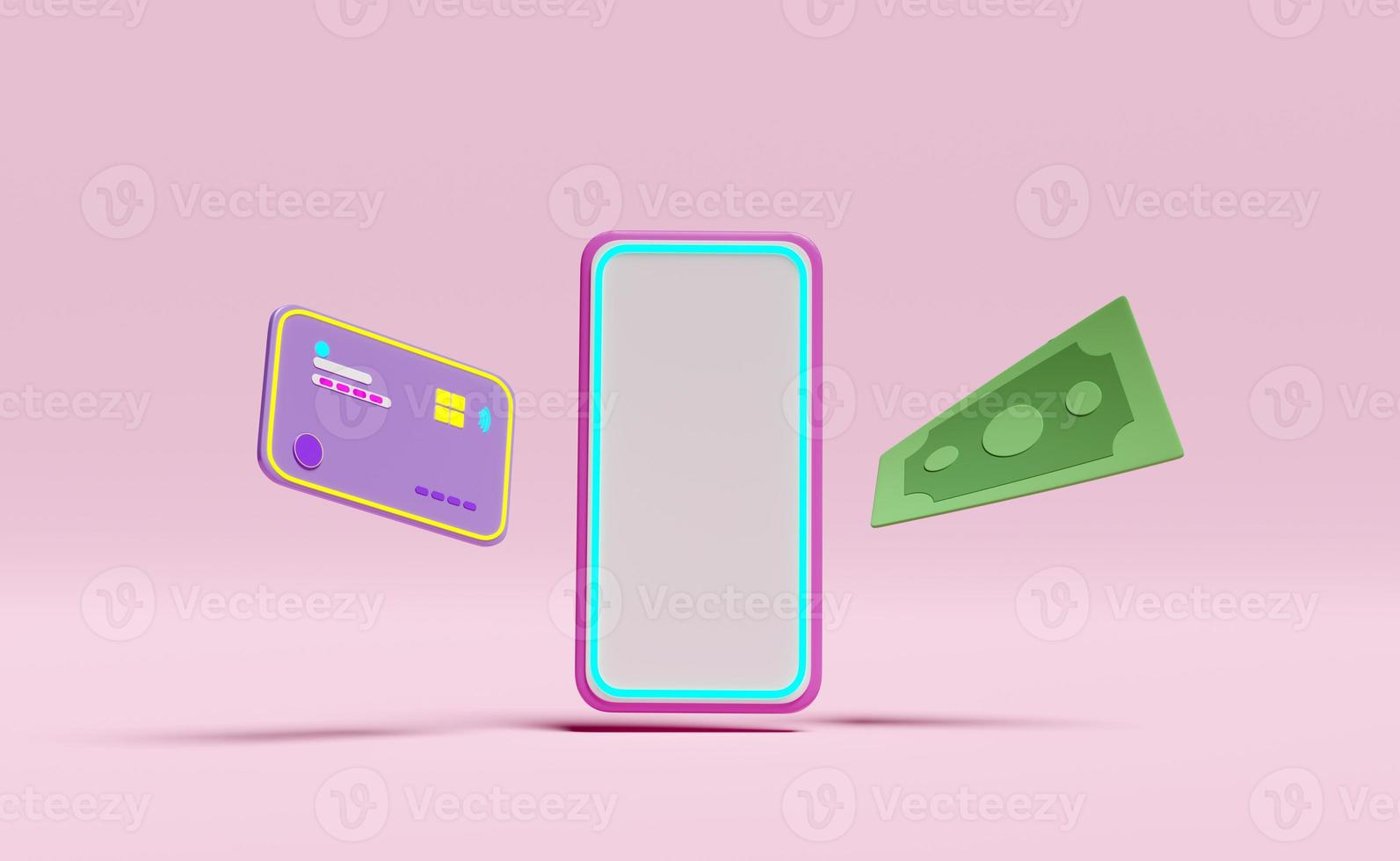 3d mobile phone, smartphone with credit card, dollar banknote icon floating isolated on pink background. Internet banking, online shopping concept, template minimal modern, 3d render illustration photo