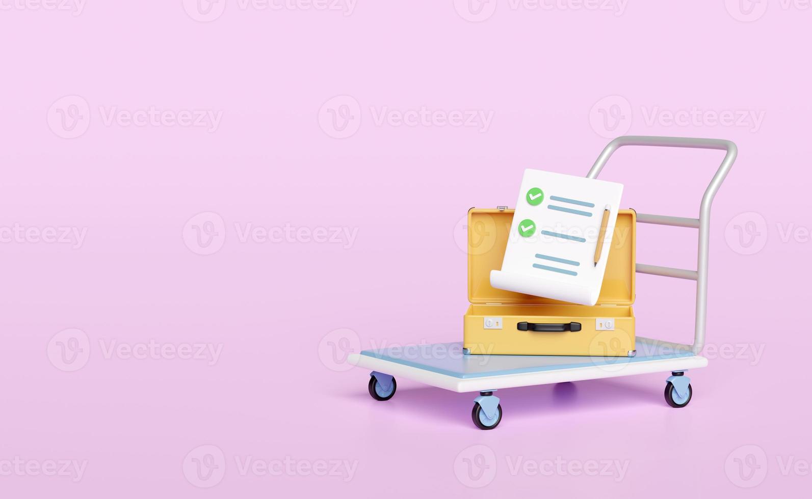3d airport trolley yellow suitcase icon with warehouse trolley, clipboard, checklist, check, list, pencil isolated on pink background. photo