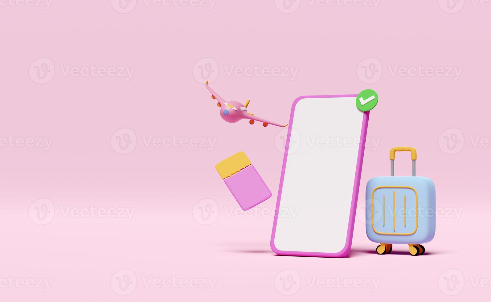 3d mobile phone with suitcase, traveler's luggage, smartphone, pin, check marks icon isolated on pink. air ticket booking, summer travel, online hotel booking service concept, 3d render illustration photo