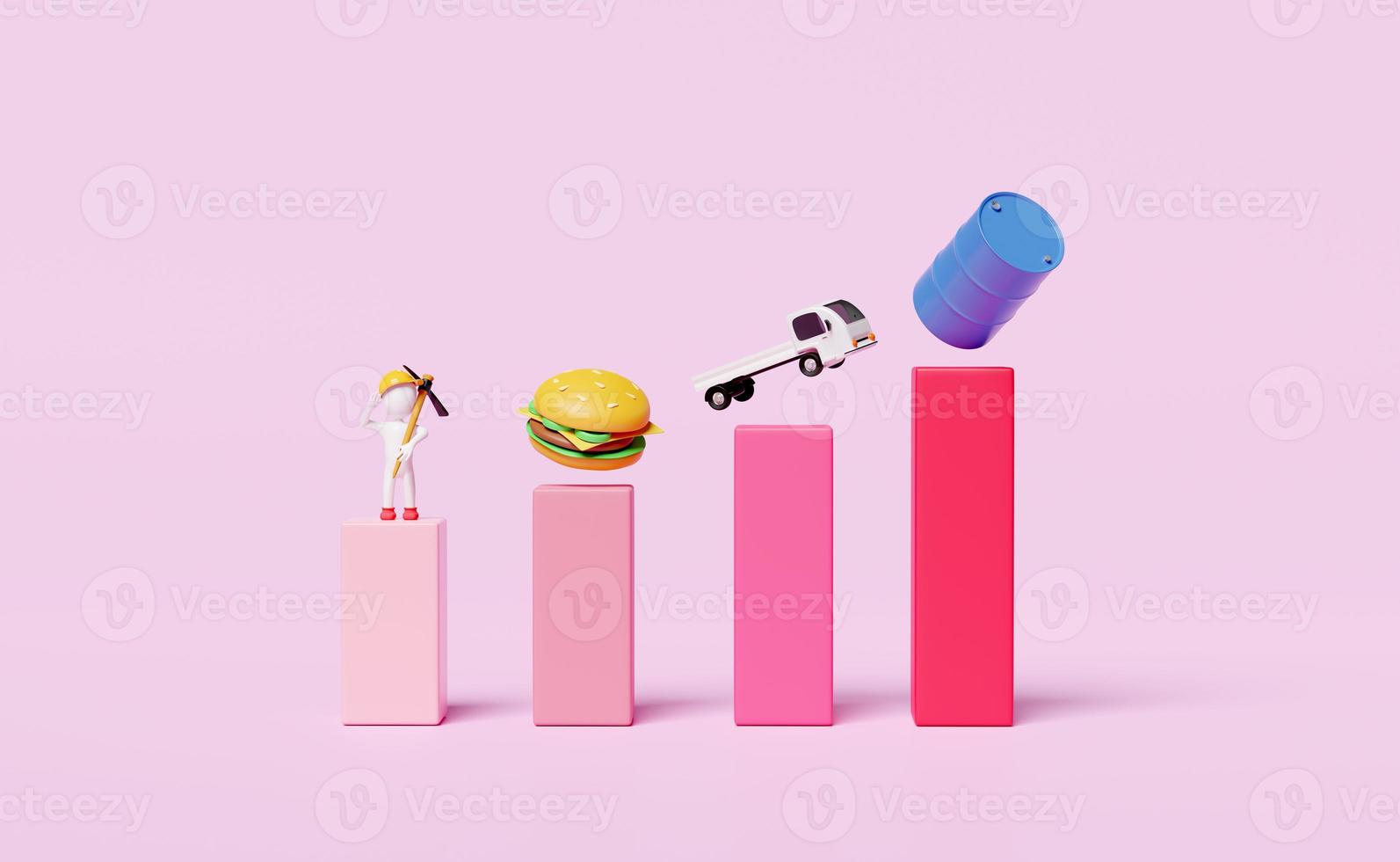 3d bar graph with food, oil barrel, delivery truck, wage icon isolated on pink background. high inflation, expensive, saving money, raise the price concept, 3d render illustration photo