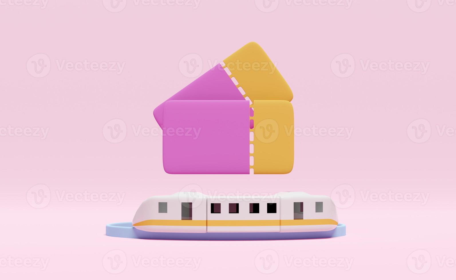 3d sky train transport ticket booking, summer railroad travel service, planning traveler tourism isolated on pink background. 3d render illustration photo