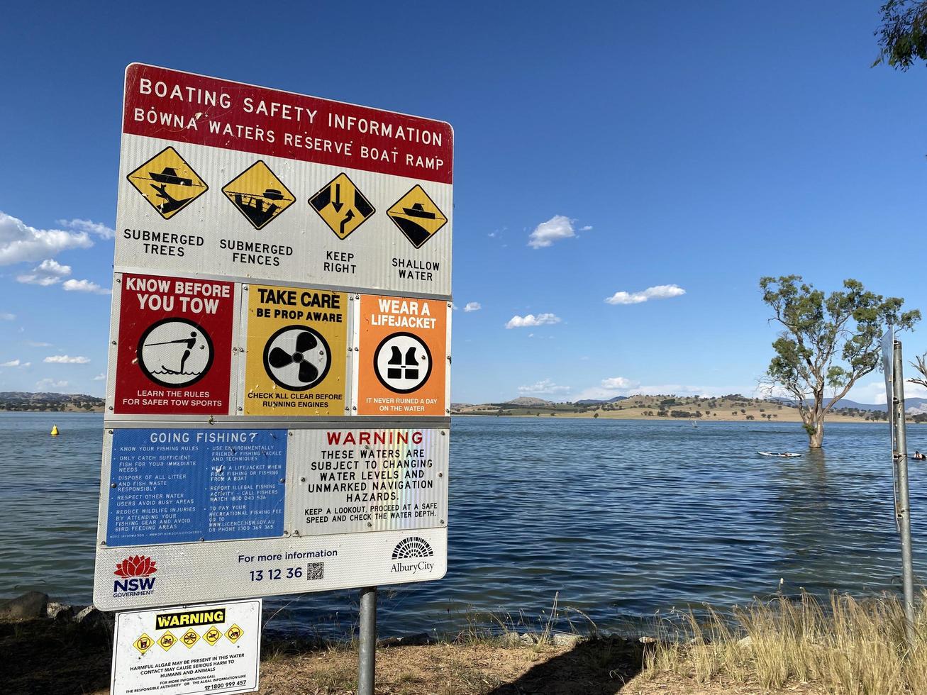 ALBURY, NEW SOUTH WALES, AUSTRALIA 2022 Boating safety information rules signage at Bowna Waters Reserve natural parkland on the foreshore of Lake Hume. photo