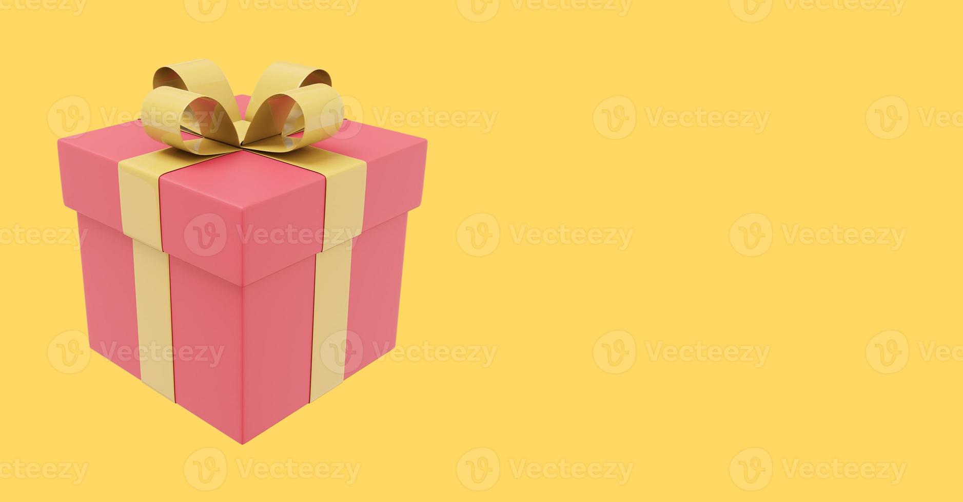 Realistic red gift box with yellow ribbon. 3D rendering. Icon on yellow background, text space. photo