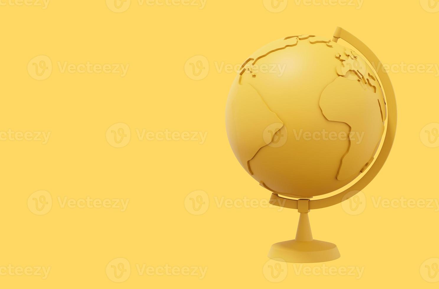 Globe Earth on a stand. Minimalist cartoon. Yellow icon on yellow background with space for text. 3D rendering. photo