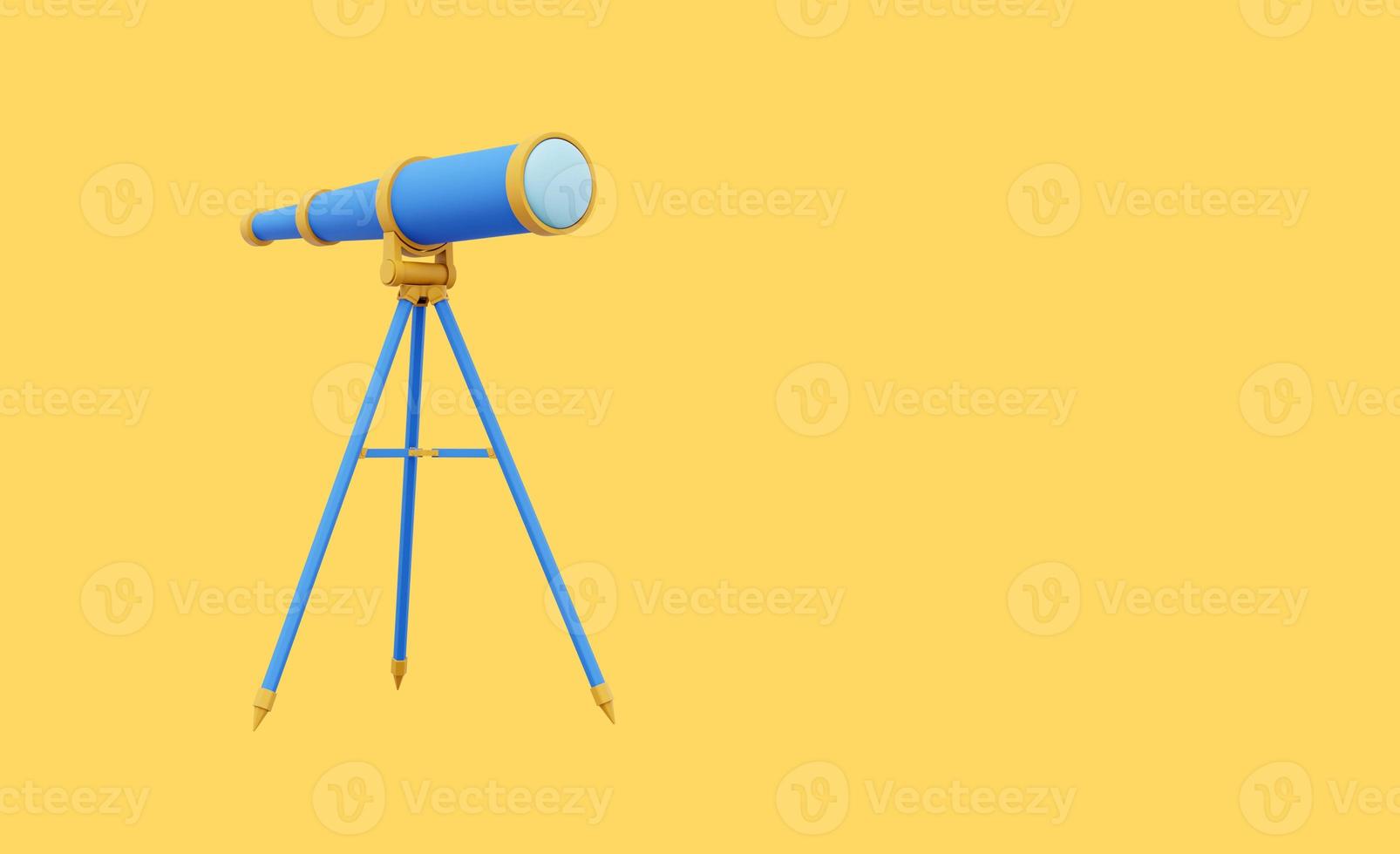 Multicolored telescope. 3d rendering. Icon on yellow background, space for text. photo