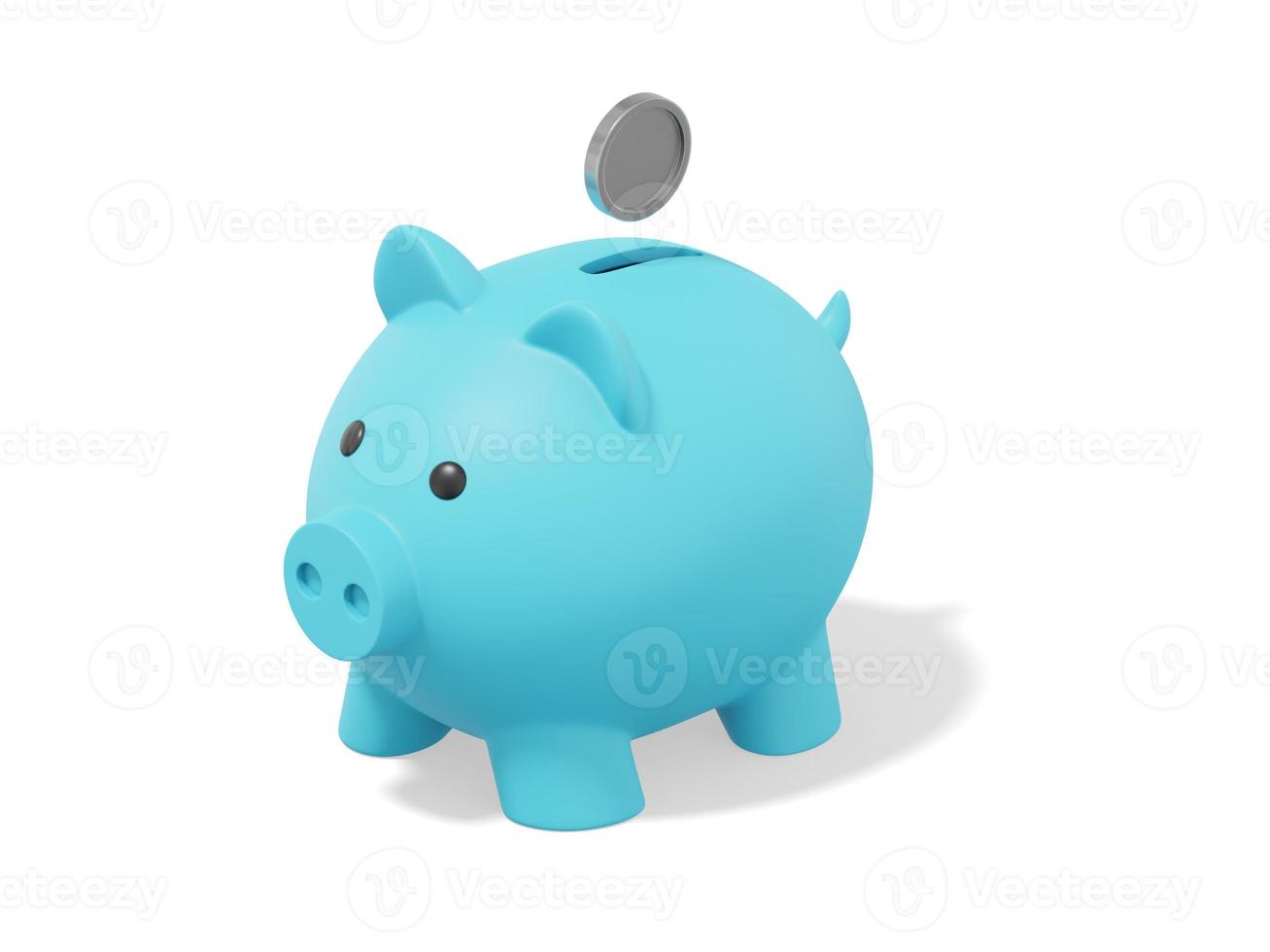Accumulation of savings icon. 3D rendering. Blue piggy bank with falling coins on white background. photo