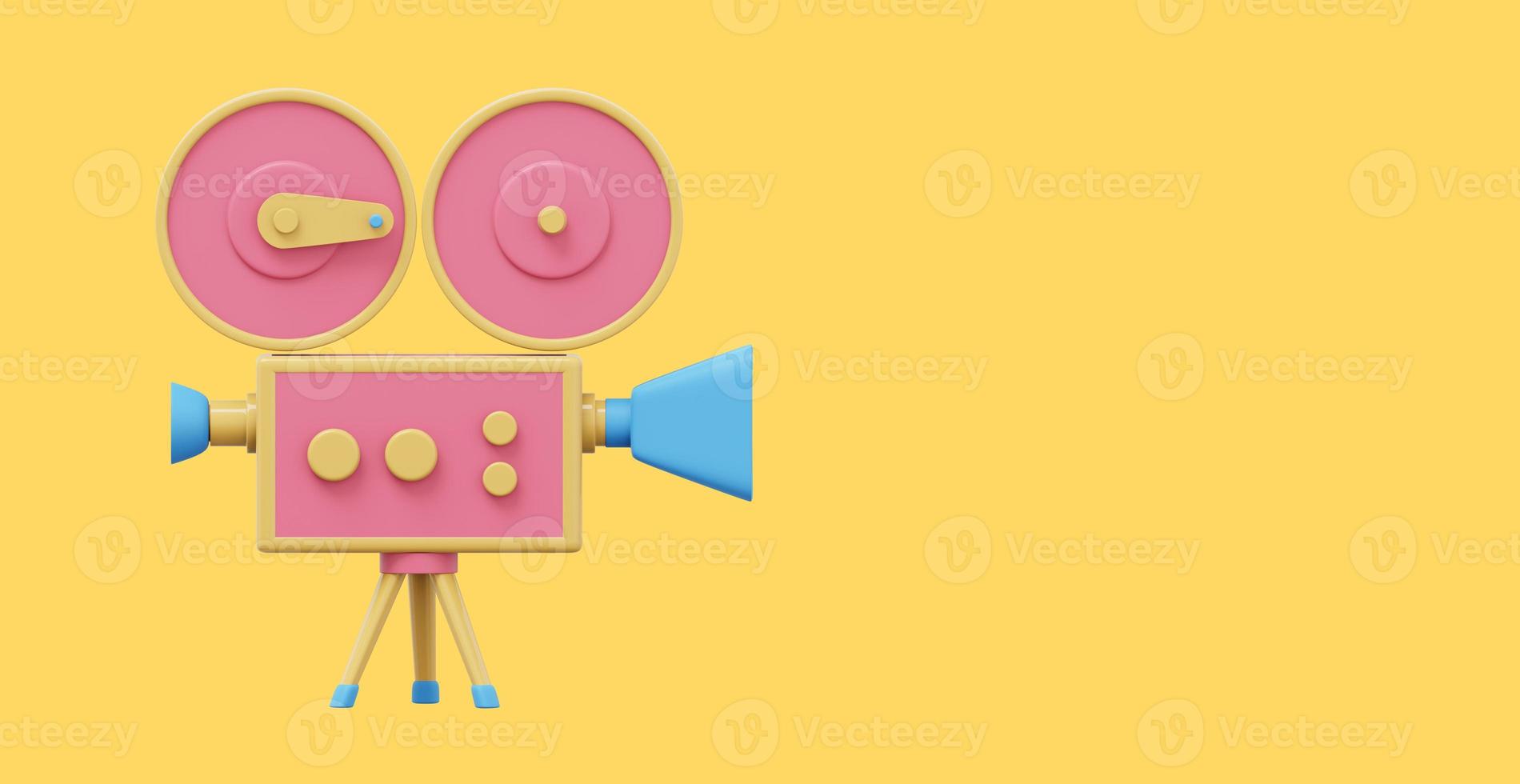 Vintage red cartoon style movie camera. Funny retro video camera. 3D rendering. Icon on yellow background, text space. photo