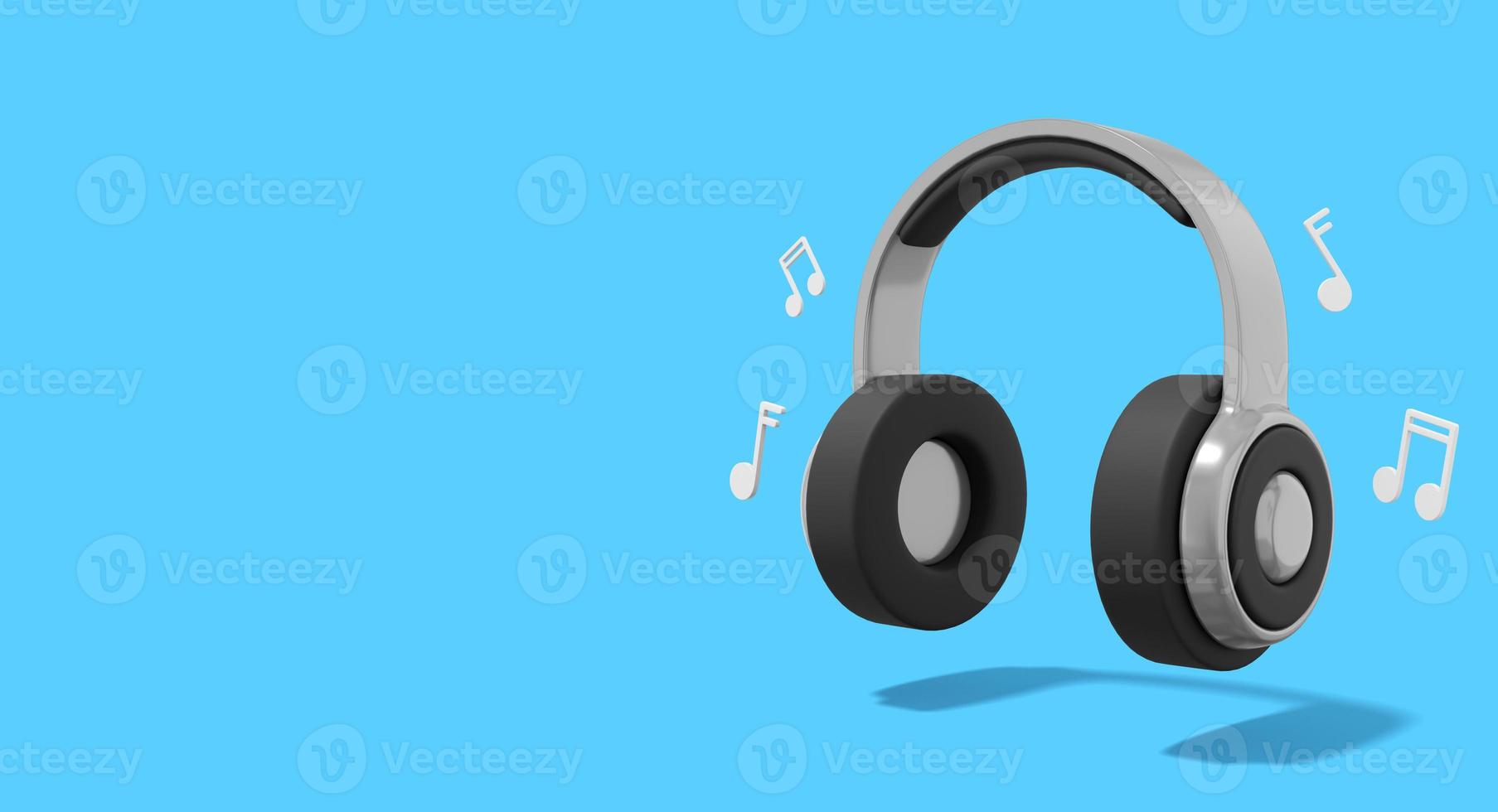 Realistic gray headphones with music notes on blue background with space for text. 3d rendering. photo