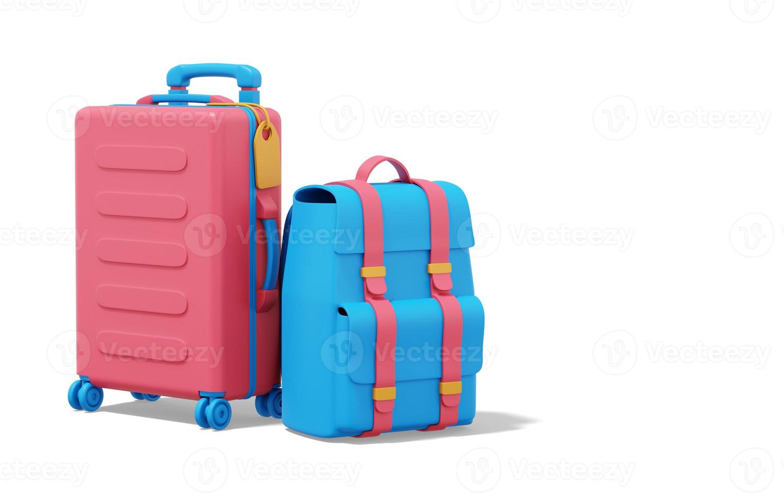 3d rendering. Multicolored suitcase and tourist backpack on white background with space for text. photo