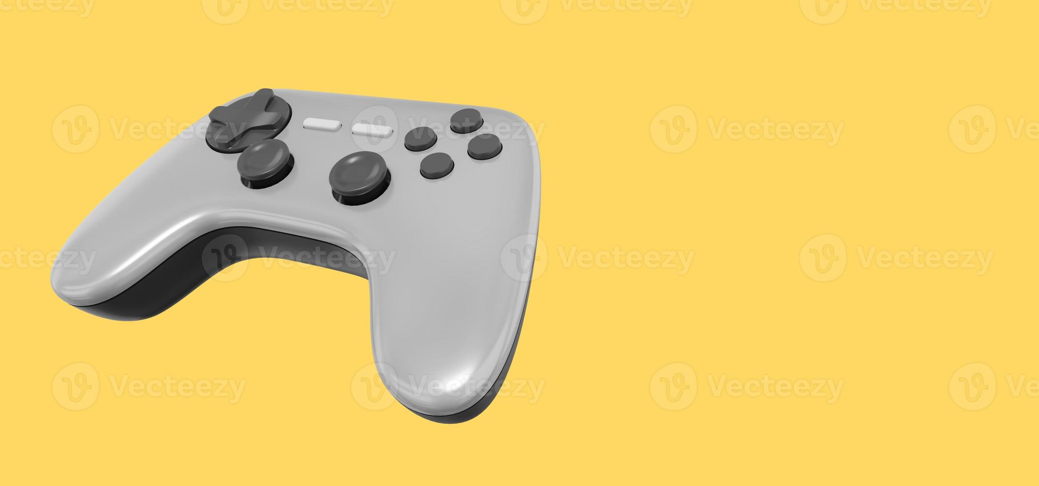 Realistic console game controller. Gray icon on yellow background with space for text. 3D rendering. photo