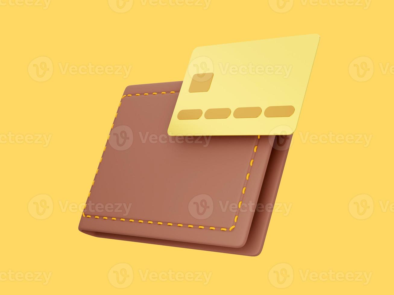 billetera cerrada con tarjeta de crédito sobre fondo amarillo. icono de ahorro, enriquecimiento. concepto de pago. representación 3d foto