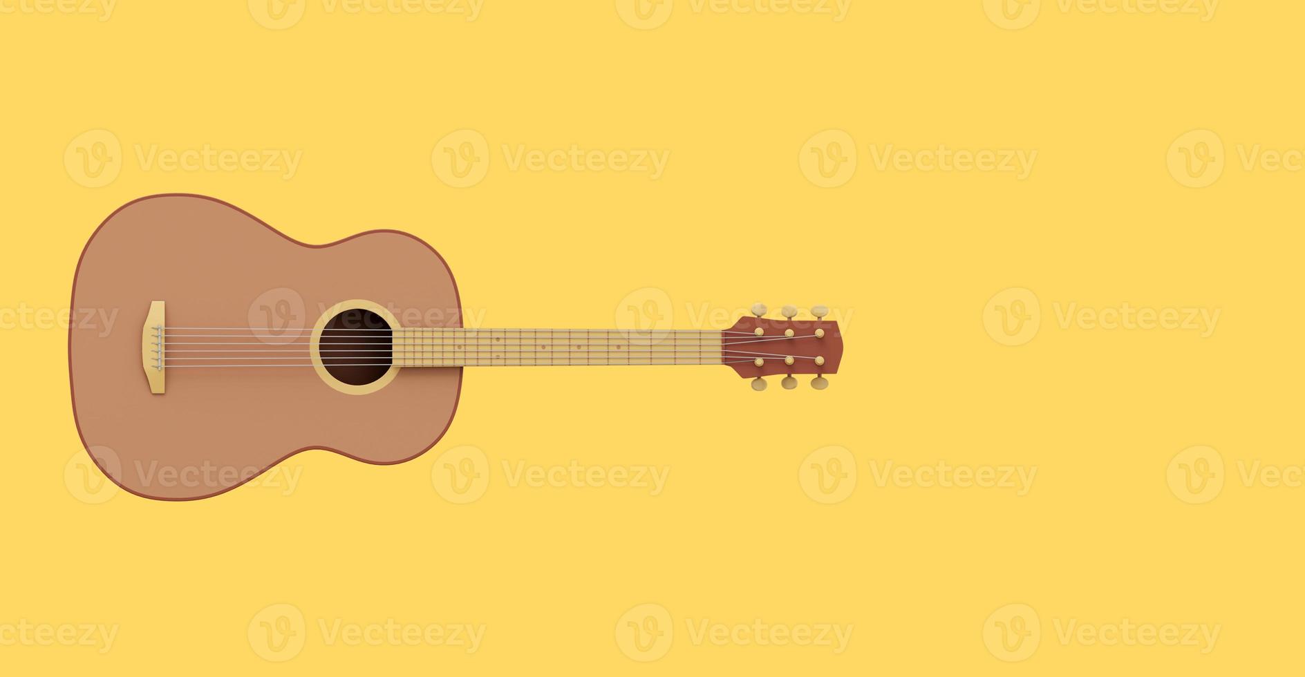 Realistic acoustic guitar, front view. 3D rendering. Icon on yellow background, space for text. photo