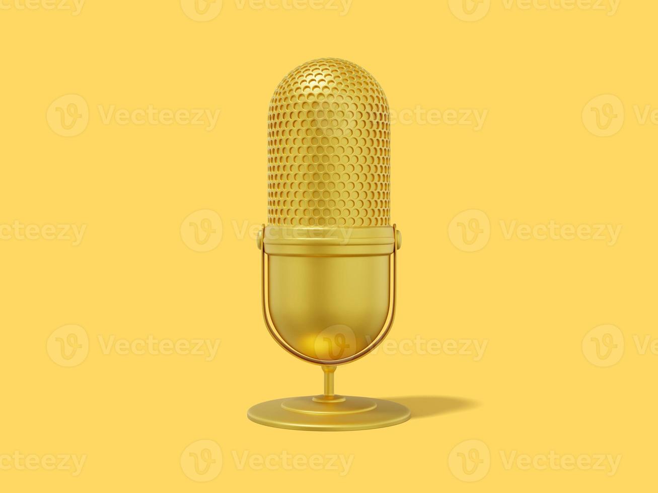 Modern Microphone. Minimalist cartoon. Gold icon on yellow background. 3D rendering. photo