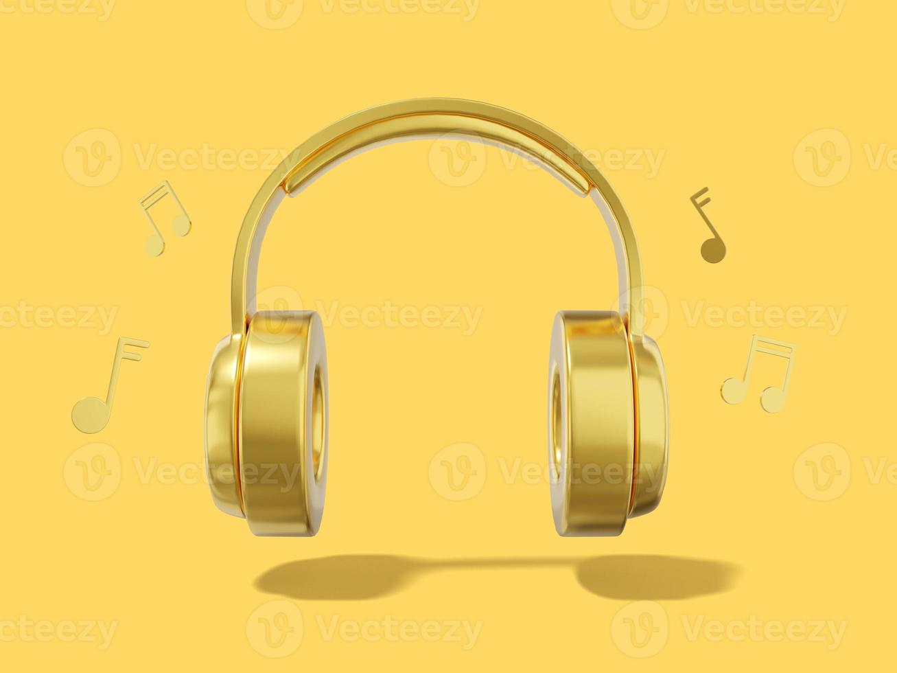 3d rendering. Realistic golden headphones with musical notes on yellow background. Front view. photo