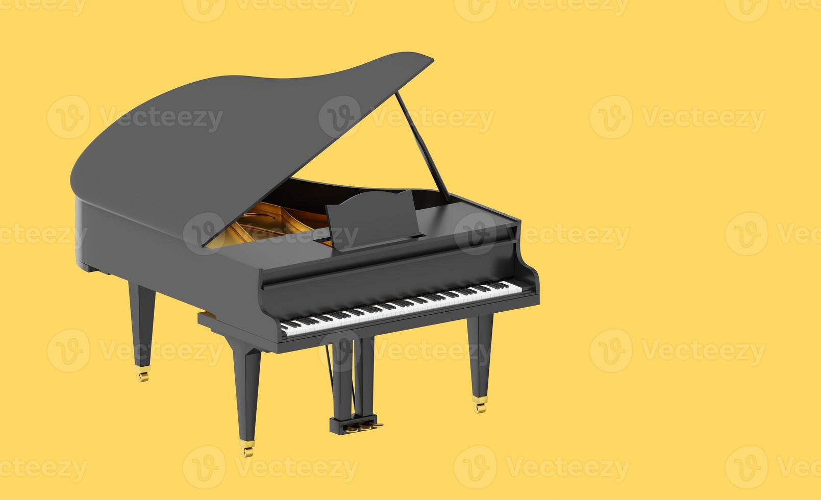 Realistic black grand piano, a musical instrument. 3d rendering. Icon on yellow background, space for text. photo