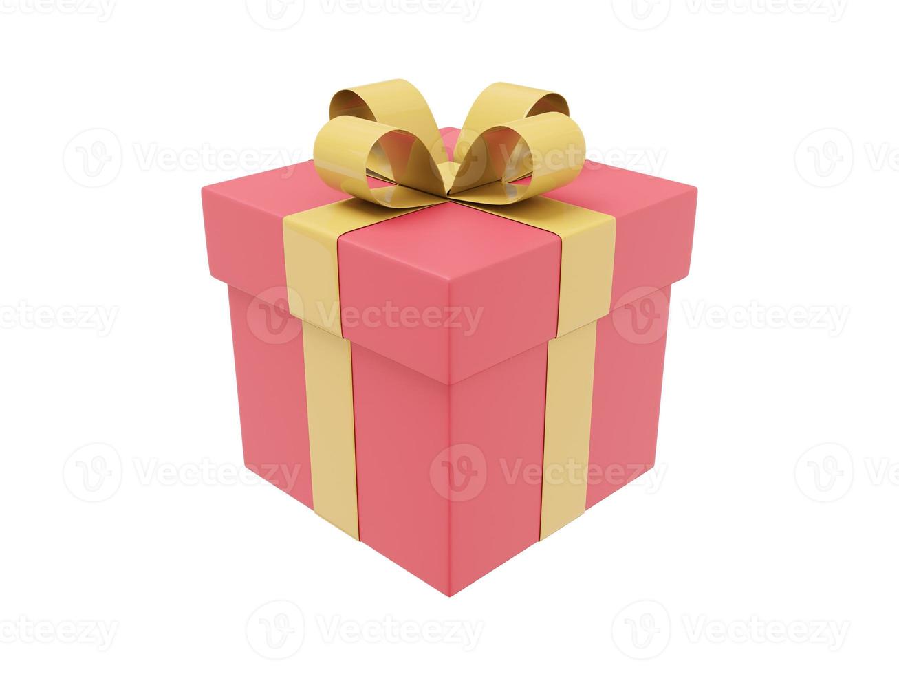 Realistic red gift box with yellow ribbon. 3D rendering. Icon on white background photo