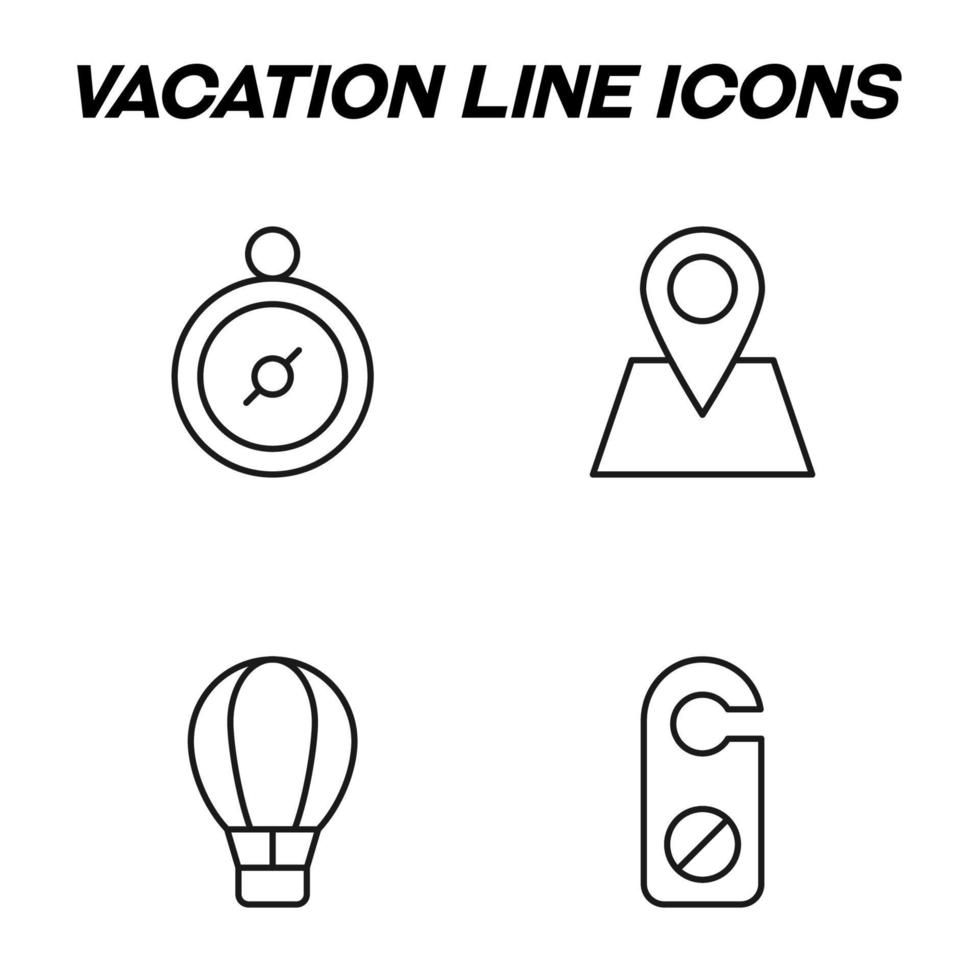 Minimalistic outline signs drawn in flat style. Editable stroke. Vector line icon set with symbols of compass, geotag on map, balloon, door hanger