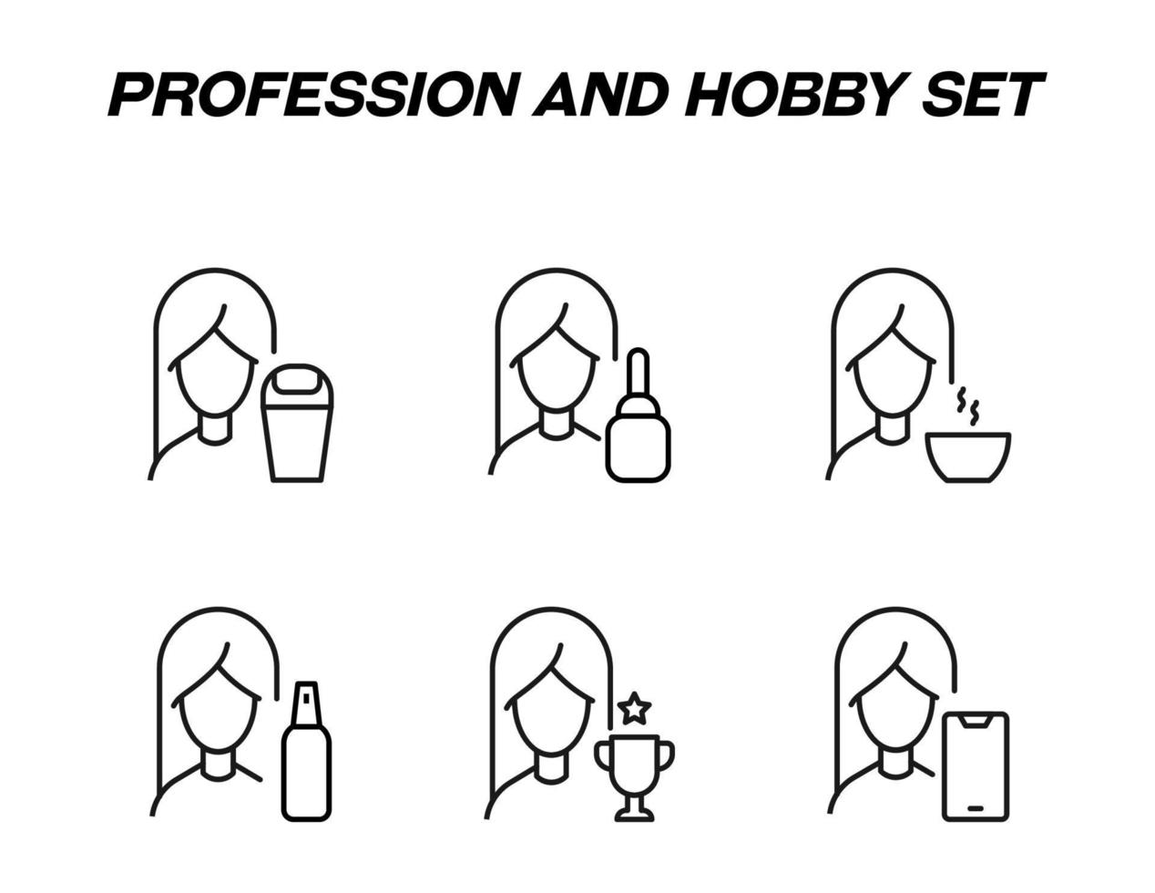 Monochrome signs in flat style for stores, shops, web sites. Editable stroke. Vector line icon set with symbols of trash can, cosmetic bottle, tea, win cup, smartphone by woman