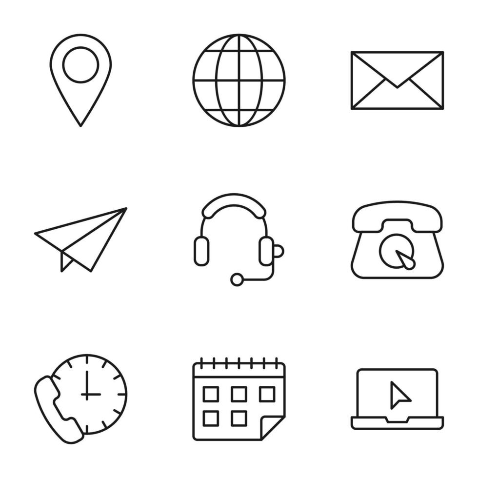Collection of isolated vector line icons for web sites, adverts, articles, stores, shops. Editable strokes. Signs of geotag, globe, envelop, post, headphone, contact us, calendar